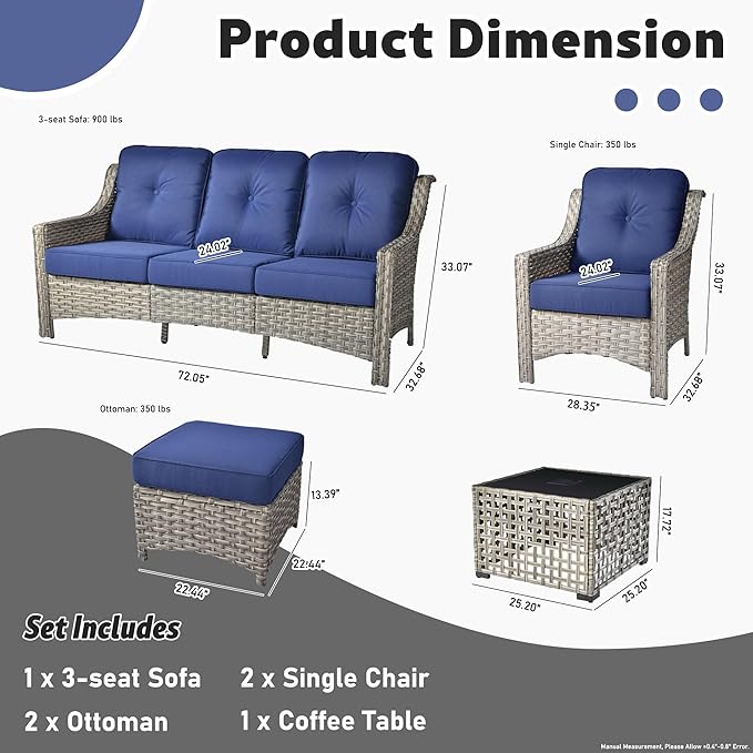 ovios 6 Piece Outdoor Patio Furniture with 3 Seat Sofa,Rattan Wicker Coversation Set with High Back,Sectional Single Sofa with Ottoman for Outside Porch Balcony Backyard Pool, Navy Blue