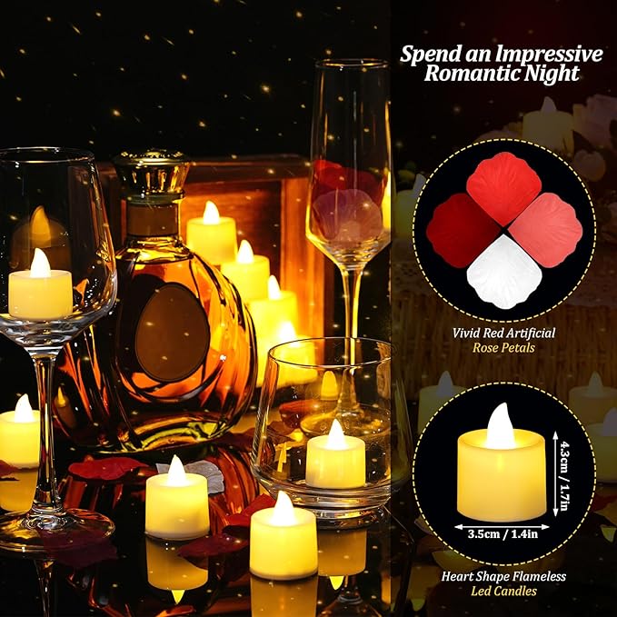 Coume 6000 Pcs Artificial Rose Petals with 72 Pcs Flameless LED Candles Romantic Decorations Fake Candles Anniversary Decorations for Valentine's Day Wedding Night(Warm White with Red Series Petal)