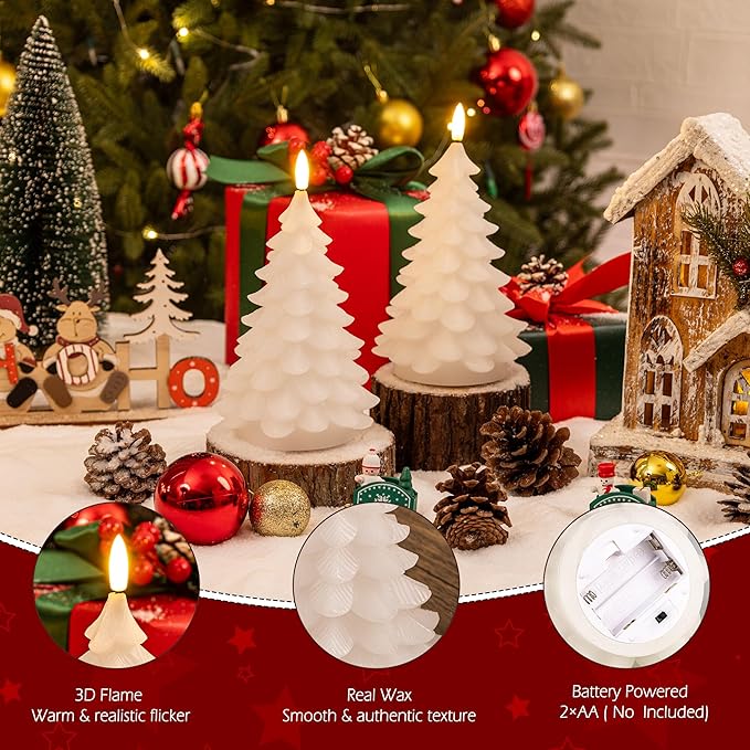 Christmas Tree Candles with Remote, 2 Pack White Flameless Candles Battery Operated, Real Wax Flickering Christmas Led Candle Decorations for Winter Home Holiday Xmas Gift