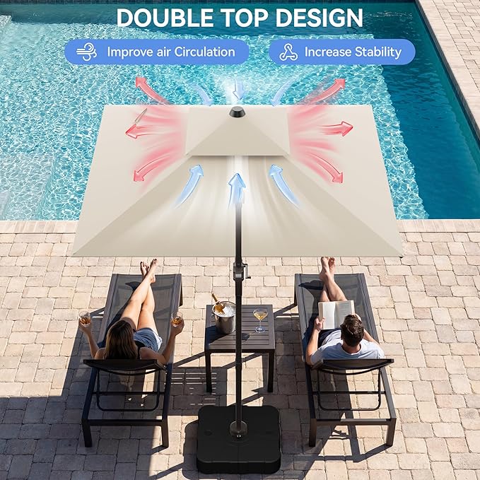 10x10FT Beige Cantilever Outdoor Patio Umbrella with Base, Large Square Offset Design, Double Top Heavy Duty Aluminum Frame & 360° Rotation for Pool Garden Deck Backyard