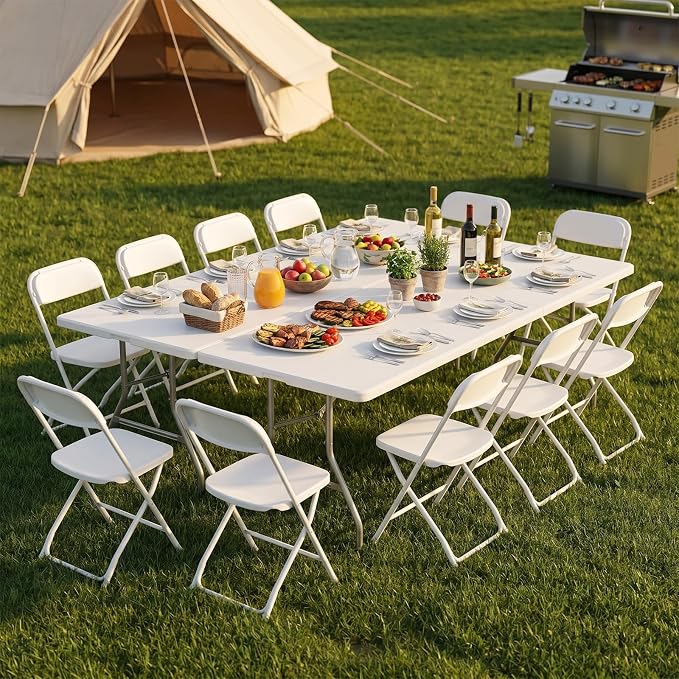 DUMOS 8 FT Folding Picnic Table Simple to Fold and Keep, 3.8 FT Foldable Table for Camping Dining Party Kitchen Picnic Outdoor Indoor with Carrying Handle