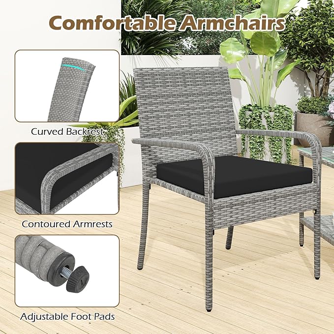 Tangkula 3 Pieces Patio Furniture Set, PE Rattan Outdoor Cushioned Conversation Chairs with 2-Tier Tempered Glass Tabletop Table, for Balcony, Garden and Poolside