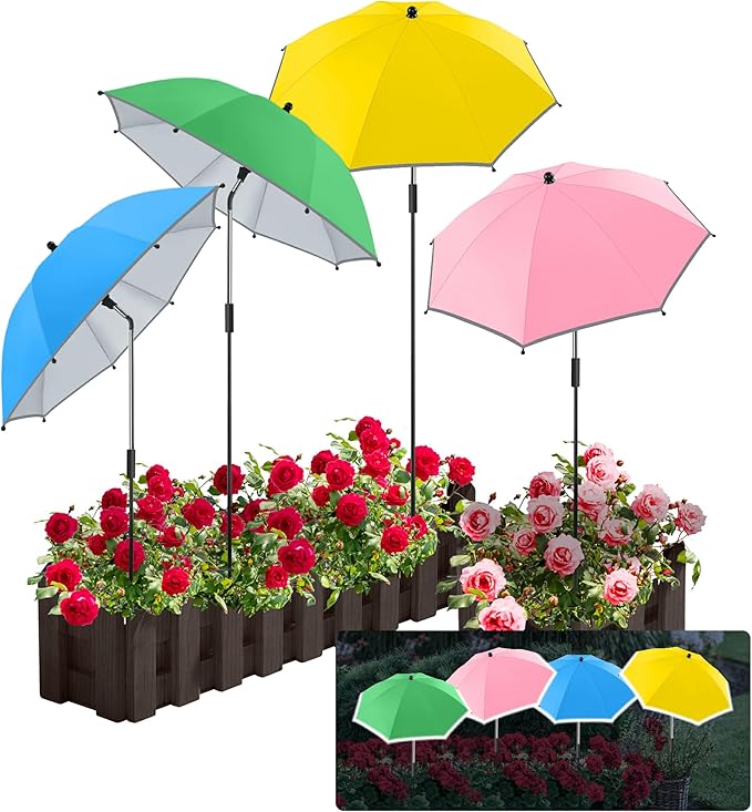 4 Pack 24.9" Plant Umbrellas for Outdoor Plants,47.2" Height Small Umbrella with Reflective Strip, Adjustable Plant Shades for Outdoor Plants, Garden, Potted