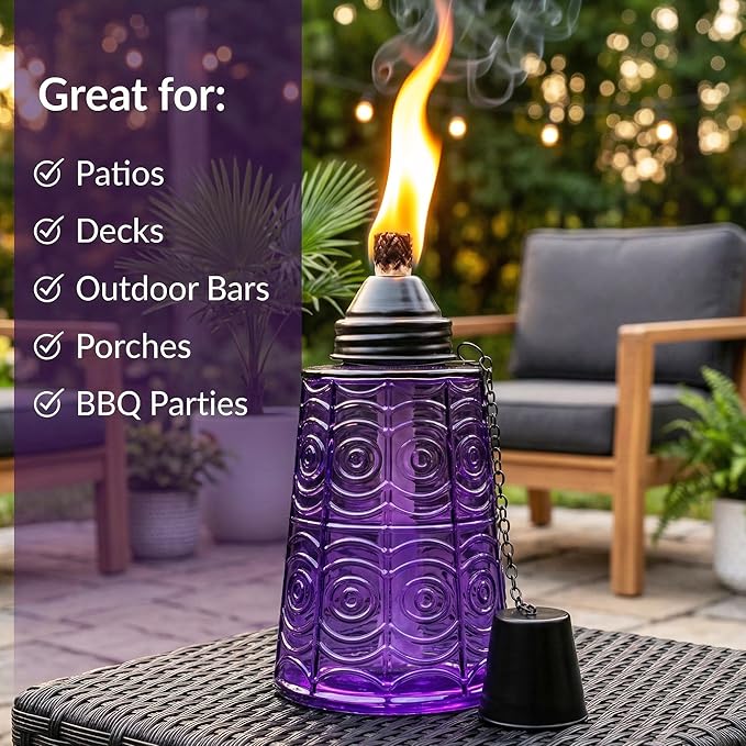 Seraphic Citronella Table Top Torches for Outdoor Patio, 16oz Decorative Glass Torch Citronella Candles for Outside Deck, Garden, Parties, Set of 3, Purple
