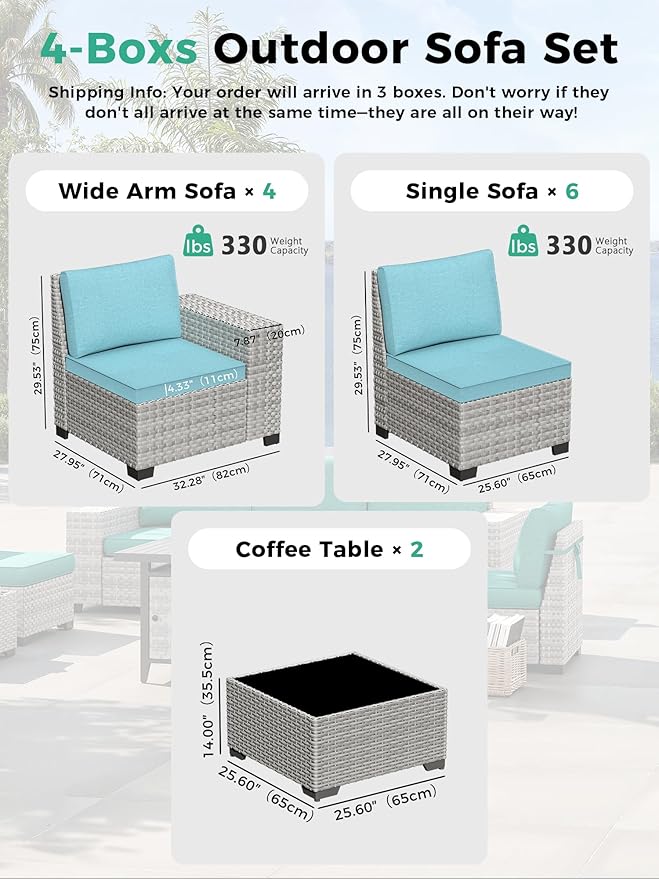 12 Piece Outdoor Wicker Rattan Sectional Sofa Set, 10-Seats Patio Furniture Conversation Set with 4" Thickened Cushions & Coffee Table, All-Weather PE Rattan for Garden, Backyard, Porch, Turquoise