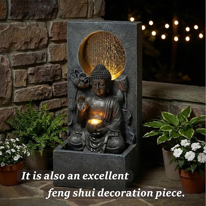 Zen Fengshui 28" Outdoor Buddha Water Fountain with LED Lights – Freestanding Resin Waterfall Statue, Asian Fengshui Decor for Garden, Patio, Backyard & Home, Relaxing Gift