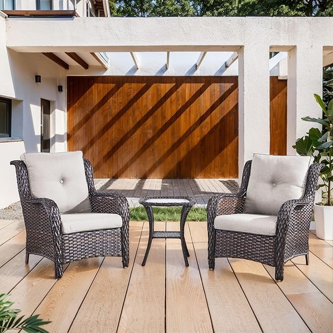 Belord High Back Patio Chairs Set of 2 - Brown Wicker Outdoor Seating, 4" Wide Armrests Rattan Outdoor Club Chairs with Beige Removable Cushion for Deck Porch Backyard