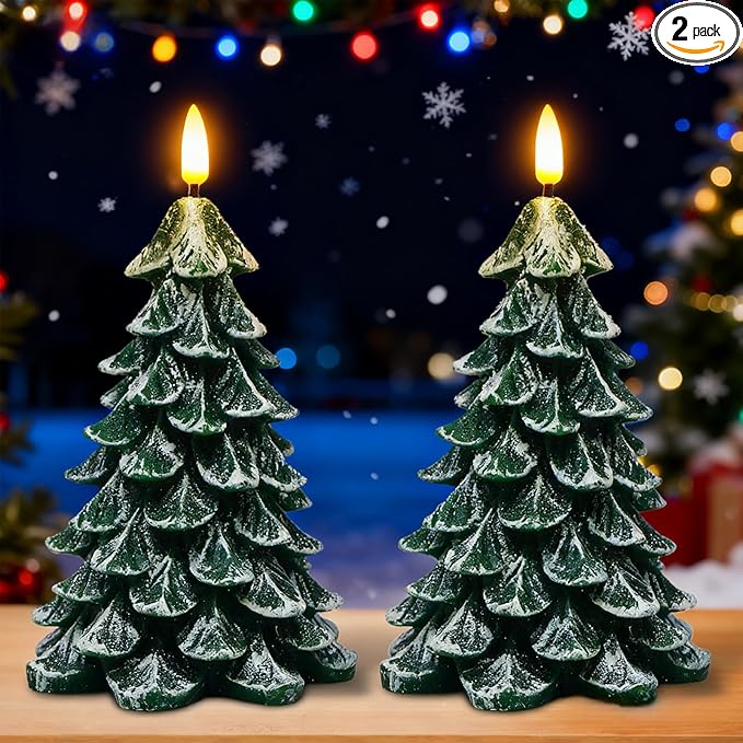 Wondise Christmas Tree Flameless Candles with 6H Timer, 2 Pcs Real Wax Battery Operated LED Candles Flickering, 3D Wick Green Electric Candles for Christmas Holiday Decorations