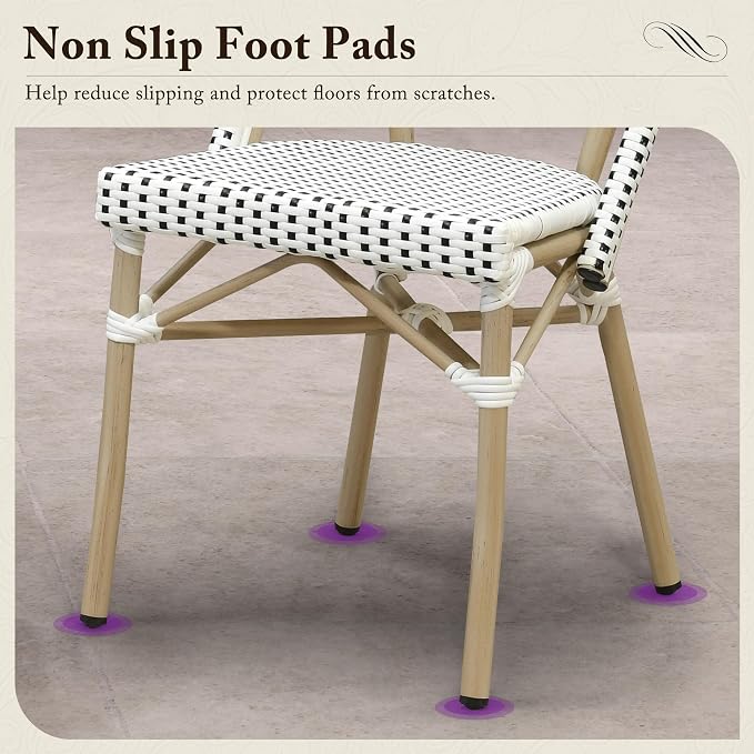 PURPLE LEAF 3-Piece French Bistro Dining Set Square Outdoor Patio Table and 2 Armless Chairs Tempered Glass Top PE Rattan Champagne Print Finish Aluminum Frame White