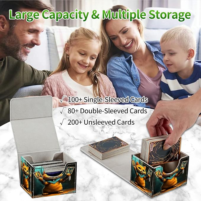 Card Deck Box for MTG, Cards Storage Box Fits 120+ Sleeved, Leather Small Size Strong Magnetic Closing Card Case for Board Games Magic TCG CCG Baseball Collection, Chess Card Cat