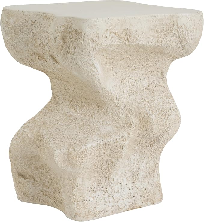 Outdoor Side Table, Modern Organic MGO Accent End Table for Patio, Living Room, Beige Tone Organic Textured Stone-Look