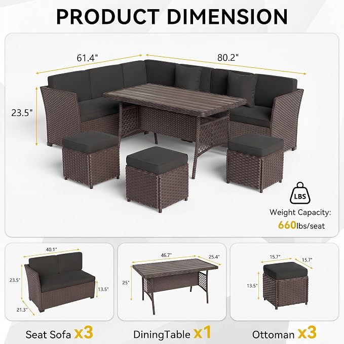 Patio Furniture Set, 7 Pieces Outdoor Dining Sets, All Weather Rattan Conversation Set, Outdoor Dining Sectional Sofa with Large Dining Table, Ottoman (Brown-Dark Grey, A-7 Pieces)