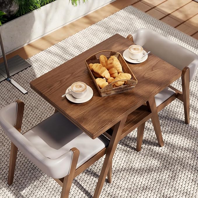 AnywaysWood Solid Wood Outdoor Patio Dining Table Set,3 PCS Bistro Dining Table Set of 2 with upholstered Chairs Patio Conversation Set Stackable Chair and Table Design for Lawn,Deck,Backyard,Walnut