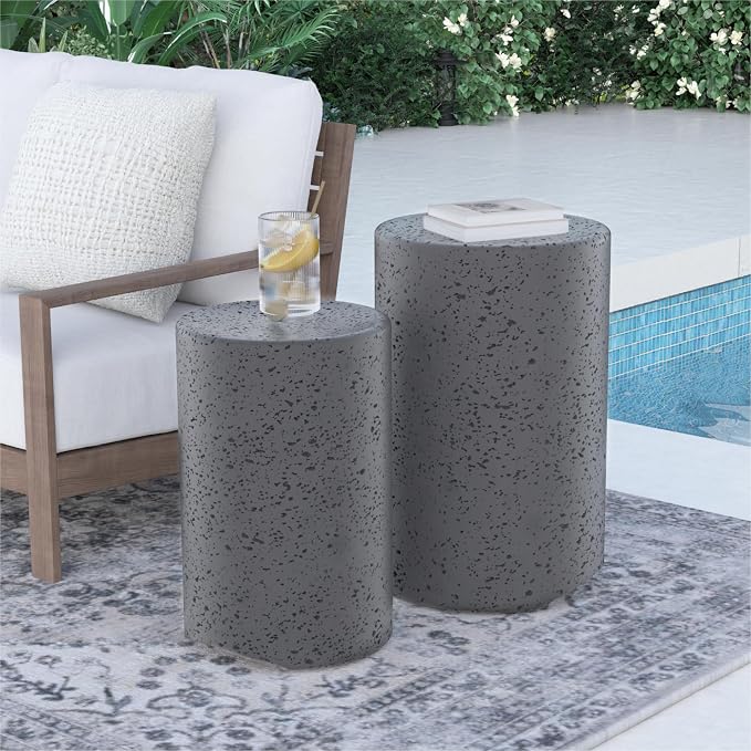 SUNBURY Concrete Side Table Set of 2, Outdoor Side Table Nesting for Patio, Outdoor Accent End Patio in Spotted, Ceramic Garden Stool for Yard, Pool, Round, Grey