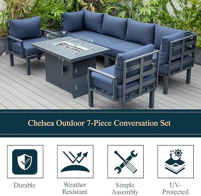 LeisureMod 7-Piece Outdoor Patio Conversation Set with Aluminum Sectional & Cushions, Propane Fire Pit Table with Black Stones, Wind Glass & Lid, Black