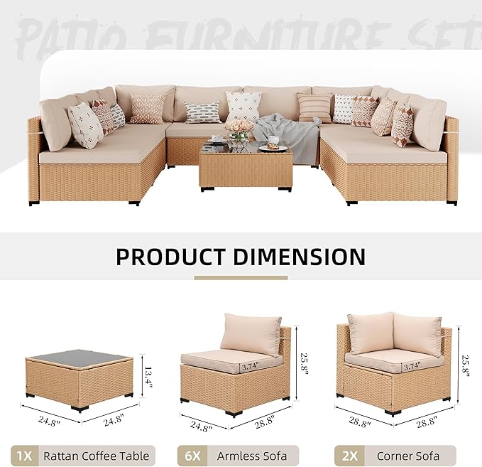 UPHA 9 Pieces Patio Furniture Sets, Wicker Outdoor Sectional Sofa Couch with Coffee Table, Patio Conversation Set for Deck Backyard Garden, Beige Rattan, Beige Cushion