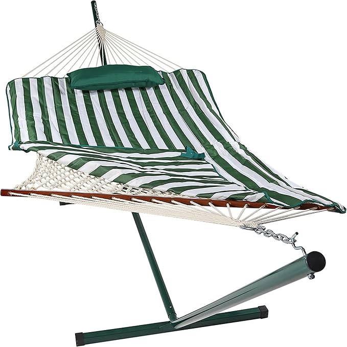 Sunnydaze Rope Hammock with Stand for Outside- 275-Pound Capacity - Includes 12-Foot Hammock Stand, Spreader Bar, Pad, and Pillow - Green & White Stripe