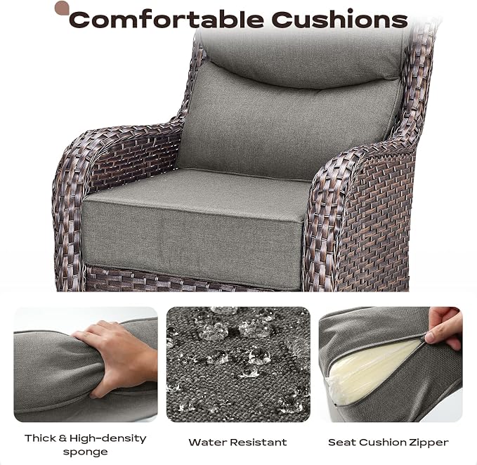 Rilyson Outdoor Swivel Rocker Chairs - All Weather Resistant Wicker Patio Furniture Set of 2 with High Back and 6 inch Thick Cushions for Deck Porch Yard and Poolside, Brown/Grey