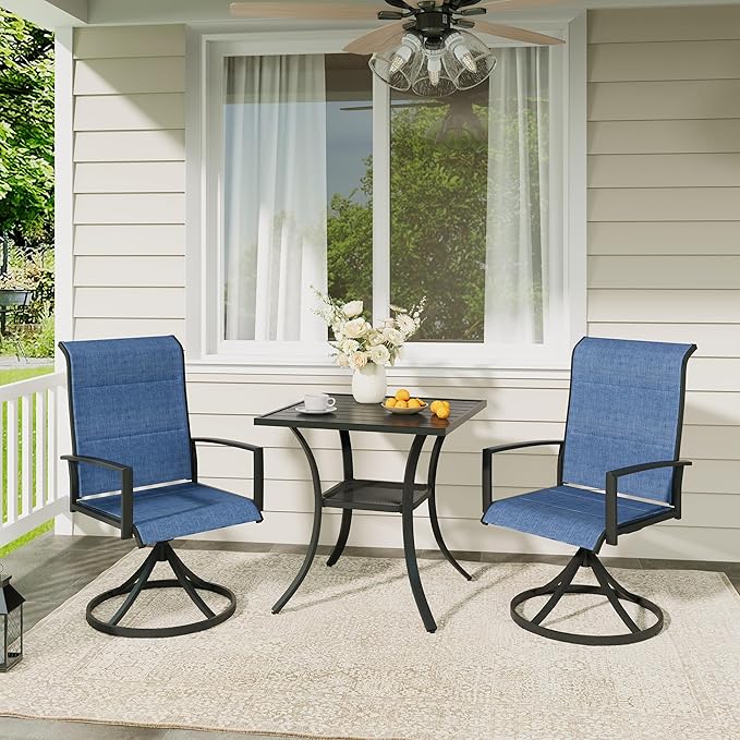 VICLLAX 3 Pieces Outdoor Dining Set, Patio Furniture Set Includes 27.6" Square Metal Table W/ 1.9" Umbrella Hole and 2 Padded Textilene Swivel Chairs for Porch, Lawn, Garden, Backyard