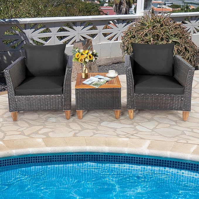 Tangkula 3-Piece Patio Furniture Set, Patiojoy Outdoor PE Wicker Bistro Set with Soft Cushions and Solid Acacia Wood, Outdoor Conversation Set with Porch, Balcony and Garden (Black)