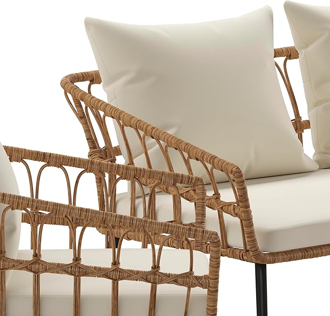 Flash Furniture Evin Boho 4 Piece Patio Conversation Set - Natural Rope Rattan - Cream All-Weather Cushions - Tempered Glass Top Coffee Table - Indoor/Outdoor
