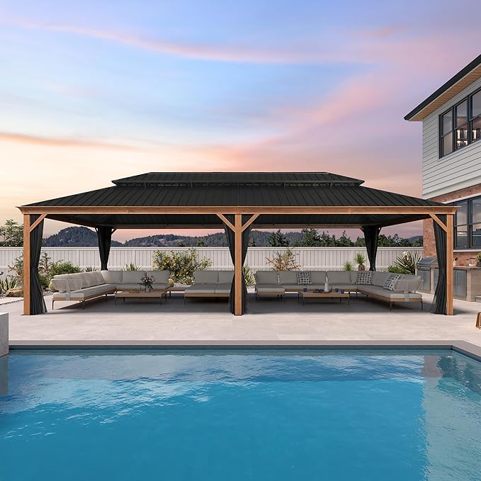 PURPLE LEAF 14' X 28' Outdoor Hardtop Gazebo for Patio Galvanized Steel Double Roof Permanent Canopy Teak Finish Coated Aluminum Frame Pavilion Gazebo with Netting