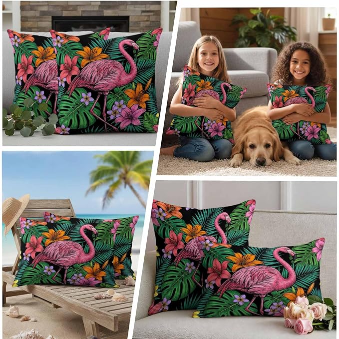 Pink Flamingo Outdoor Pillow Covers 16"x16" Set of 2, Summer Tropical Jungle Hibiscus Flower Vintage Waterproof Throw Pillow Covers for Patio Furniture, Decorative Cushion Covers for Porch