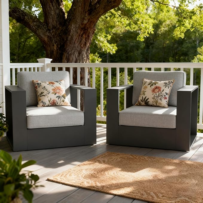 LayinSun Oversized Aluminum Outdoor Furniture, 2 Piece Patio Chair Set, Deep Seating and Upgraded 6-inch Cushions for Porch, Balcony, Deck