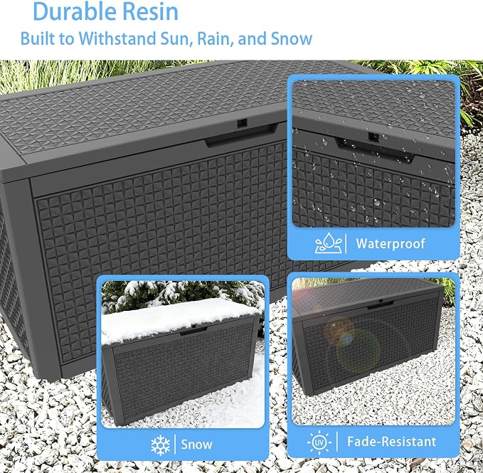 121 Gallon Outdoor Deck Box, Lockable Large Deck Box Waterproof Resin Storage Bin with Lid for Patio Furniture Cushions Garden Tools (Black, 121 Gallon)