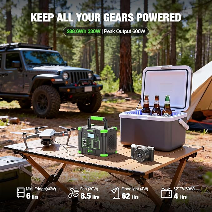 EBL Portable Power Station 288.6Wh 330W Solar Generator Pure Sine Wave AC Output (600W Peak) with 5W Wireless Charger, SOS LED Light & Multi-Port Design for Camping Home Emergency RV CPAP
