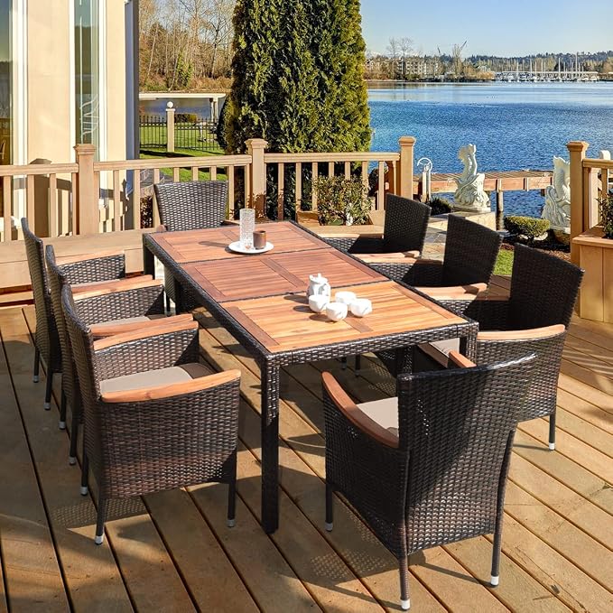 Patio Dining Set Outdoor Dining Set, 9 Pieces Wicker Patio Furniture Set with Acacia Wood Table and Chairs, Garden Dining Table Set for Backyard, Poolside, Desk, Christmas(Brown)