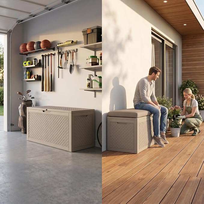 102 Gallon Outdoor Storage Box, Resin Deck Box Waterproof & Lockable, Patio Cushion Storage Bench for Garden, Pool, Furniture & Tools, UV Resistant Heavy Duty, Gray Brown
