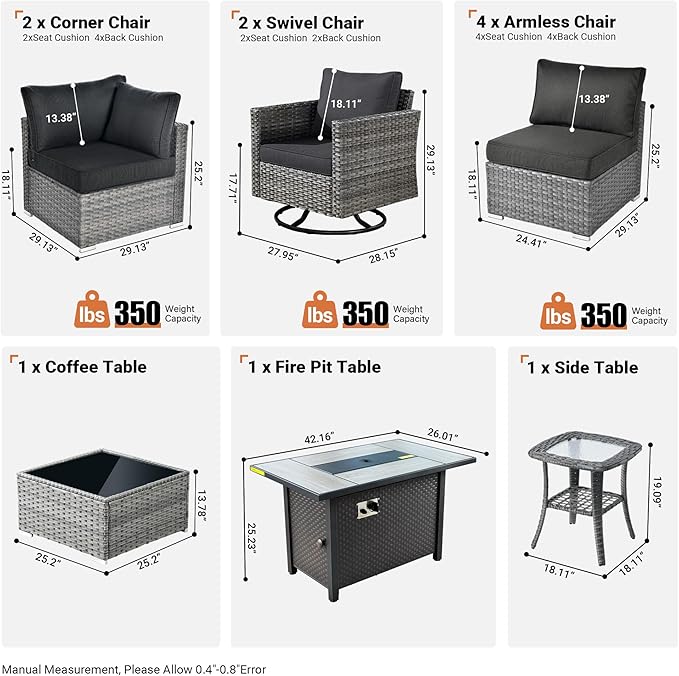 ovios 11 Piece Outdoor Patio Furniture Set with Fire Pit Table,Conversation Sectional Wicker Couch with Swivel Chairs,Modern Outside Sofa for Balcony Backyard, Black