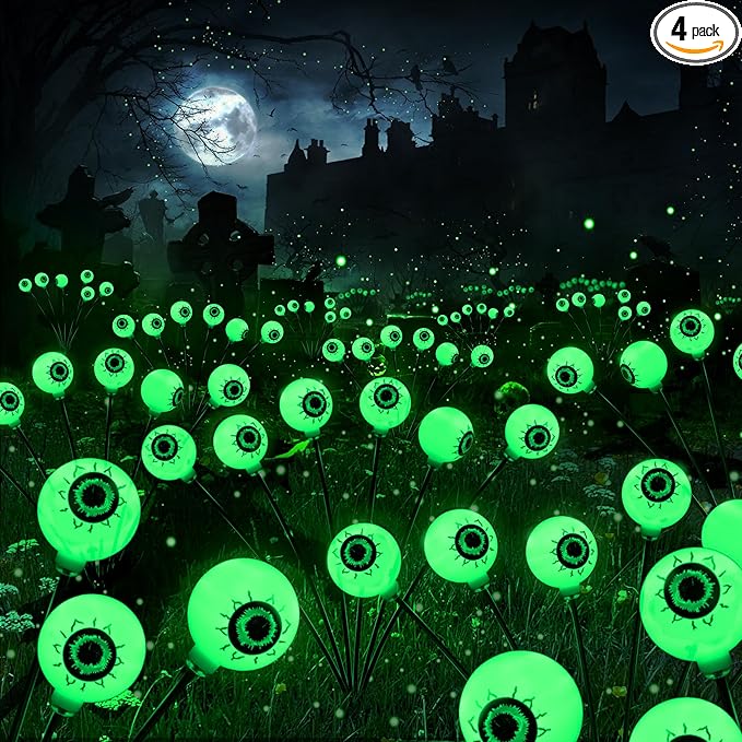 Brizled Green Halloween Lights, 4 Pack 24 LED Halloween Solar Eyeball Lights, 2 Modes Solar Pathway Light Outdoor Waterproof Scary Swaying Green Eyeball Lighting for Garden Path Yard Lawn Patio Decor