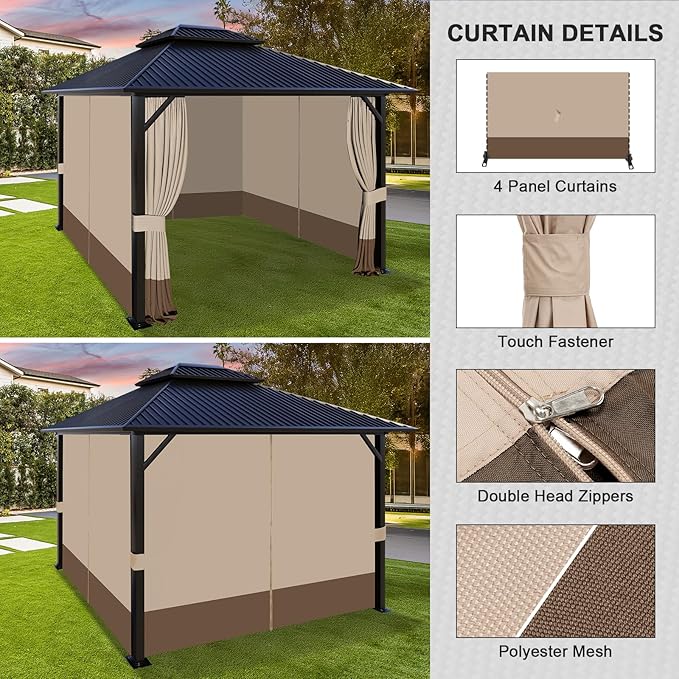 Aoodor 10x12 ft Outdoor Gazebo Curtains, 4 Panels Waterproof Privacy Sidewall Replacement with Zipper for Patio Pergola and Canopy, Sand Yellow and Brown