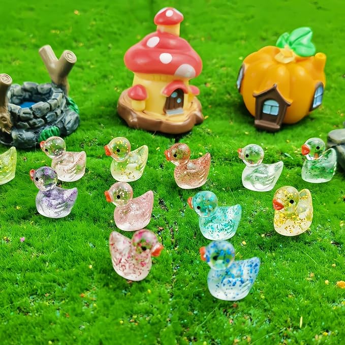 120PCS Mini Glitter Resin Ducks 12 Colors | Tiny Colorful Resin Ducks, Miniature Little Plastic Animal Figures for Micro Landscape Fish Tank Garden Dollhouse DIY Decor