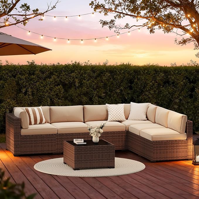 LazySunsets 7-Piece Patio Furniture Set, Wicker Rattan Outdoor Furniture with Thick Cushions, Patio Conversation Sets with Coffee Table, Outdoor Sectional Couch Sofa with Waterproof Cover, Beige