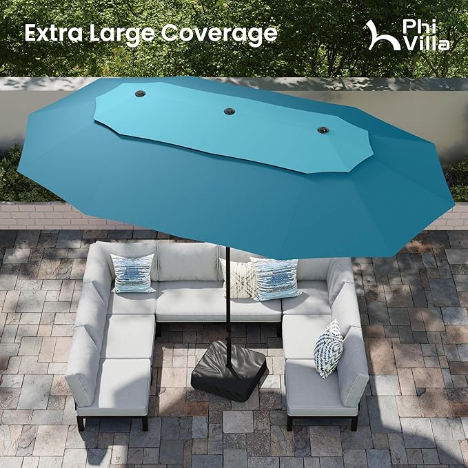 PHI VILLA 15ft Large Patio Umbrellas with Base Included, 2-Tier Outdoor Double-Sided Rectangle Market Umbrella with Stand, Outside Umbrellas for Poolside Lawn Backyard, Blue & Cerulean