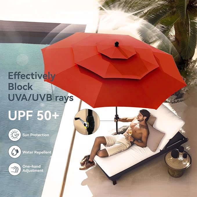 PHI VILLA Outdoor Dining Set with Umbrella for 4, Patio Dining Set with Metal Table and Adjustable Blue Folding Chairs for Yard, Lawn and Garden (Orange Red Umbrella Without Base)