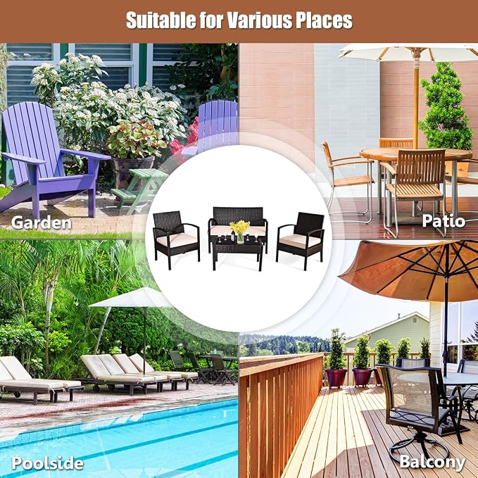 COSTWAY 8 PCS Patio Rattan Conversation Furniture Set Cushioned Seat Glass Tabletop