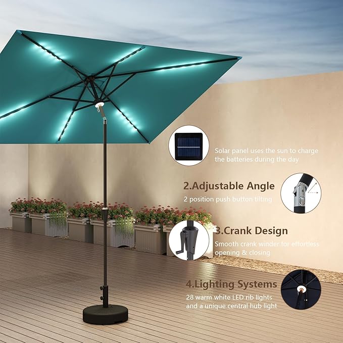 C-Hopetree Rectangular Outdoor Patio Market Umbrella with Solar LED Lights 6.5 x 10 ft