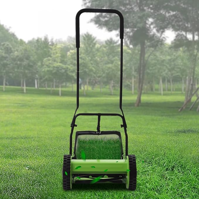 5 Steel Blades About 6 Gallons Large Capacity Manual Push Mower, Dual Wheel Lawn Mower Hand-Powered Clipper Walk-Behind Trimmer with Adjustable Height for Garden Yard Lawn Care