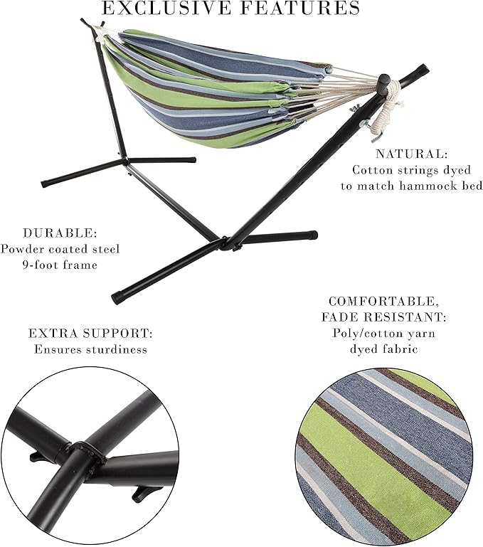 Double Brazilian Hammock with Stand Included – Woven Cotton, 2-Person, Outdoor Swing with Frame for Camping, Backyard, or Patio by Pure Garden