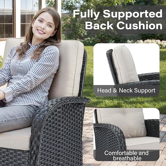 Belord 7 Piece Wicker Patio Furniture Set with 30" Fire Pit Table - Outdoor Swivel Rocker Chairs Set of 4 with Glass Side Tables Set of 2, Patio Conversation Set for Casual Gathering Black/Beige