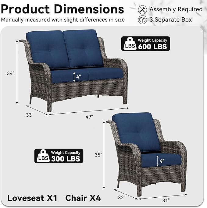 5 Piece Outdoor Wicker Patio Furniture Set, Patio Chairs Set with Thickened Olefin Cushions, High Back and Deep Seating, Hand-Woven PE Rattan for Porch, Deck