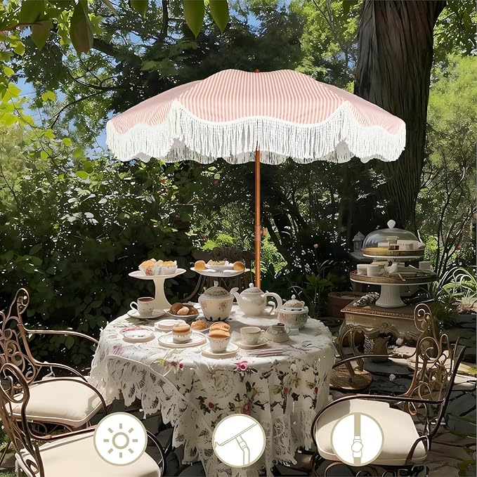 AMMSUN Boho Fringe Umbrella Outdoor Patio, 6.5ft UPF50+ Picnic Umbrella with Tassels with Steel Pole and Push Button Tilt, Pink Stripe