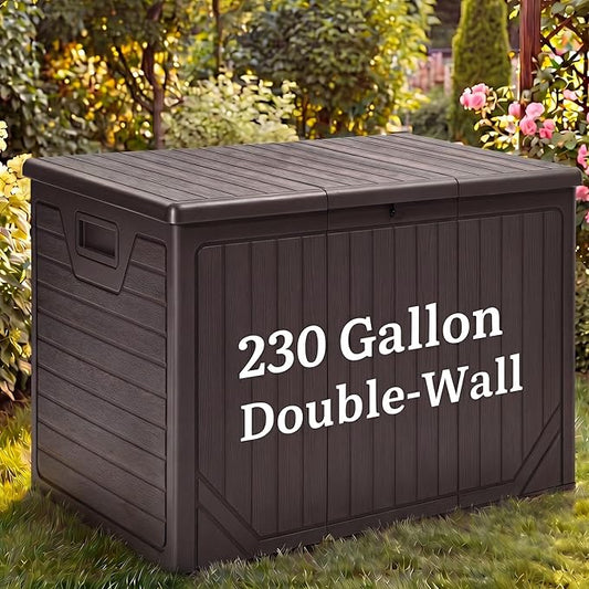 YITAHOME 230 Gallon Extra Large Outdoor Storage Box, Waterproof Double-WallDeck Box with Hydraulic Piston for Garden Tools, Pool Accessories & Cushions, Resin Deck Organizer with Bench Seat(Brown)