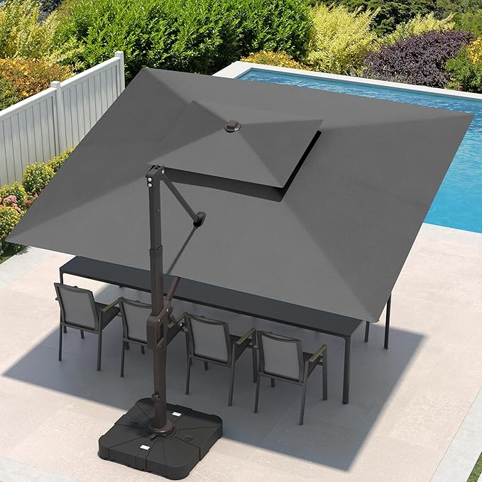 9x12 FT Cantilever Patio Umbrella with Base and Led Lights Double Top Outdoor Rectangular Large Heavy Duty Aluminum Offset Umbrellas with 7 Level Tilt 360-degree Rotation for Pool Garden Deck, Grey