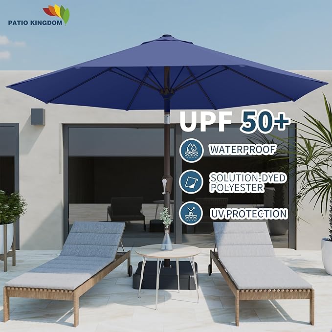 PatioKingdom Auto-Tilt 9FT Patio Umbrella Outdoor with 8 Sturdy Fiberglass Ribs,Market Table Umbrella for Pool,Backyard,Deck and Garden (Navy)