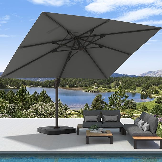 9' X 12' Cantilever Patio Umbrella with Base Included Rectangular Outdoor Large Offset Umbrellas with 7 Tilts Adjustable 360°Rotation for Deck Pool Garden Backyard, Grey